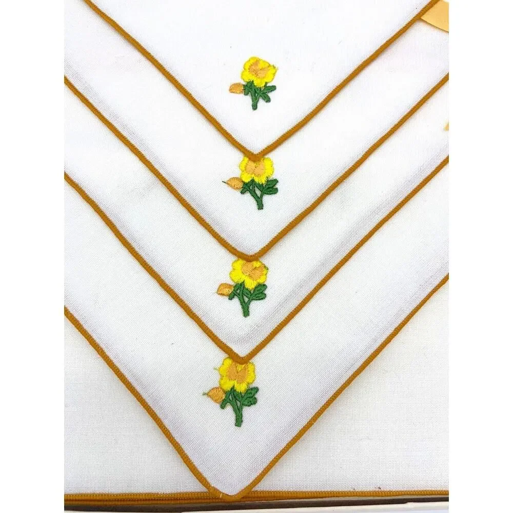 Vintage Embroidered Floral Applique Yellow Trim Placemats & Napkins ~NOS 8piece